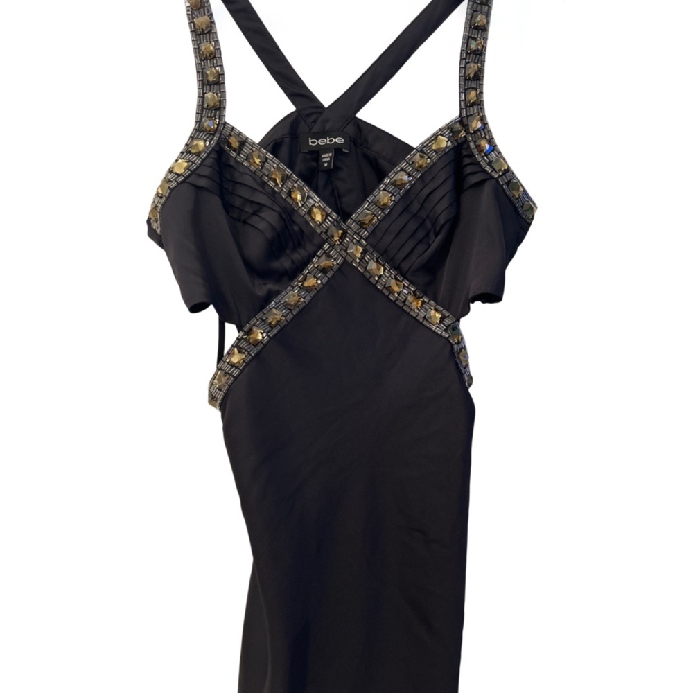 Bebe Black Satin Top with Metallic Details